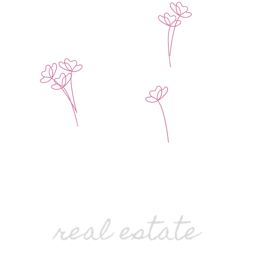 A drawing of three pink flowers with the words real estate written below them.