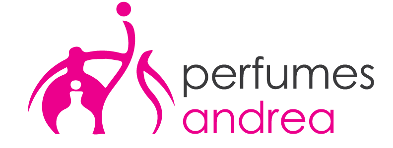 A pink logo for perfumes andrea with a person holding a bottle of perfume.