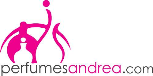 The logo for perfumesandrea.com is pink and white