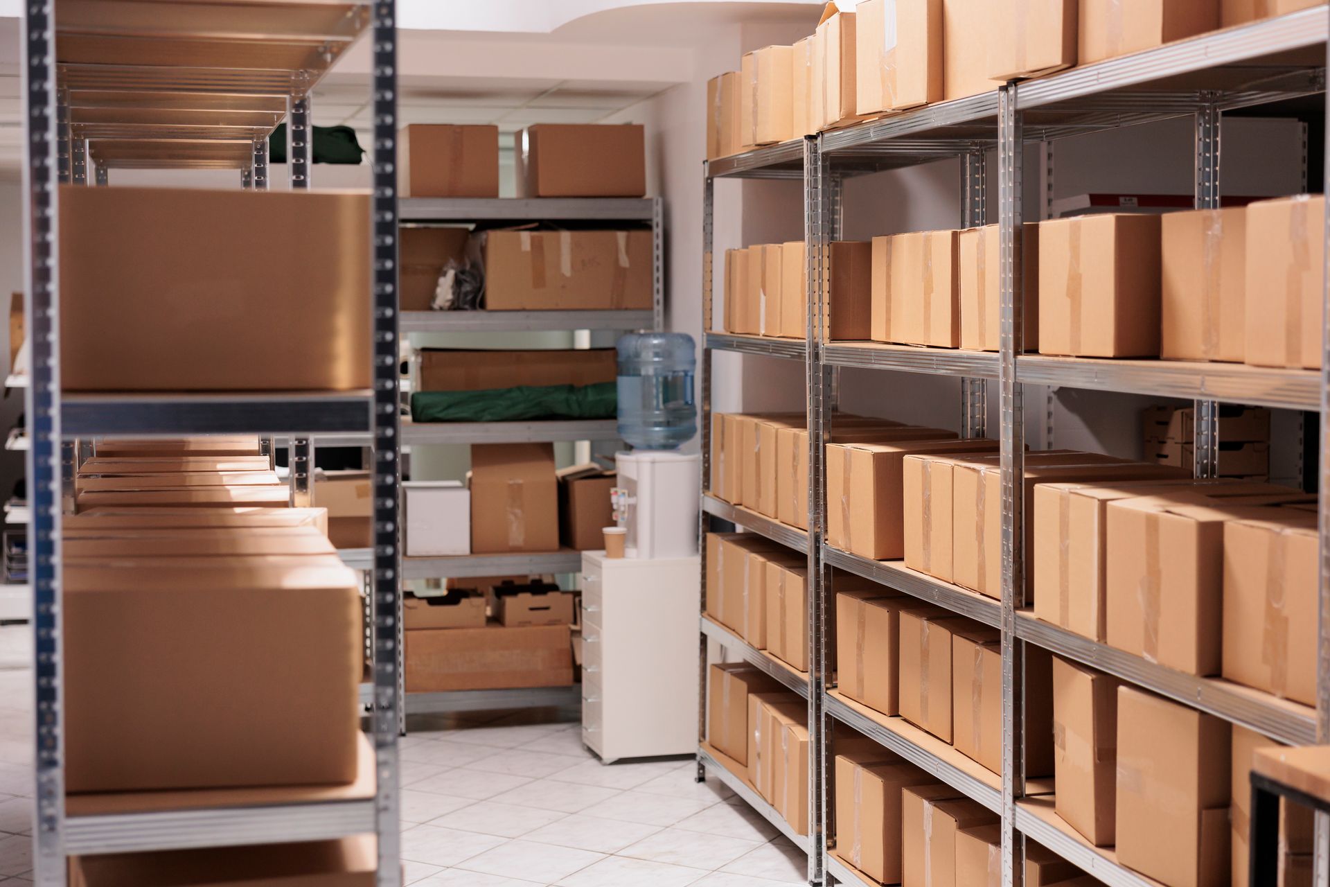 A warehouse filled with lots of cardboard boxes on shelves
