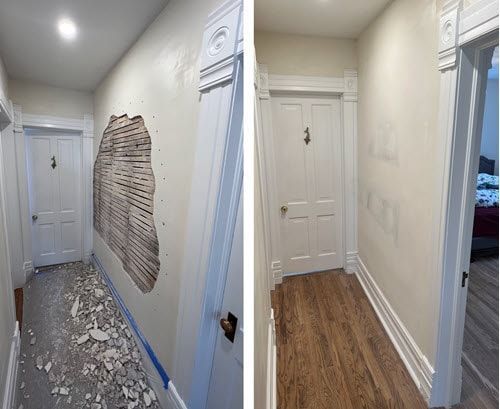 Hallway wall repair before and after: damaged plaster and debris replaced by smooth white wall and wood floor