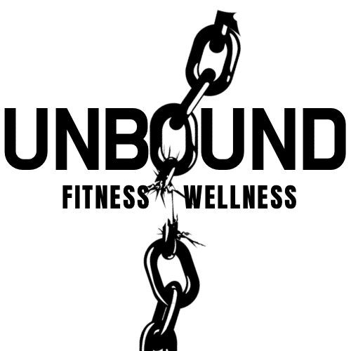 Black and white logo: "UNBOUND" with a broken chain; "FITNESS WELLNESS" below.
