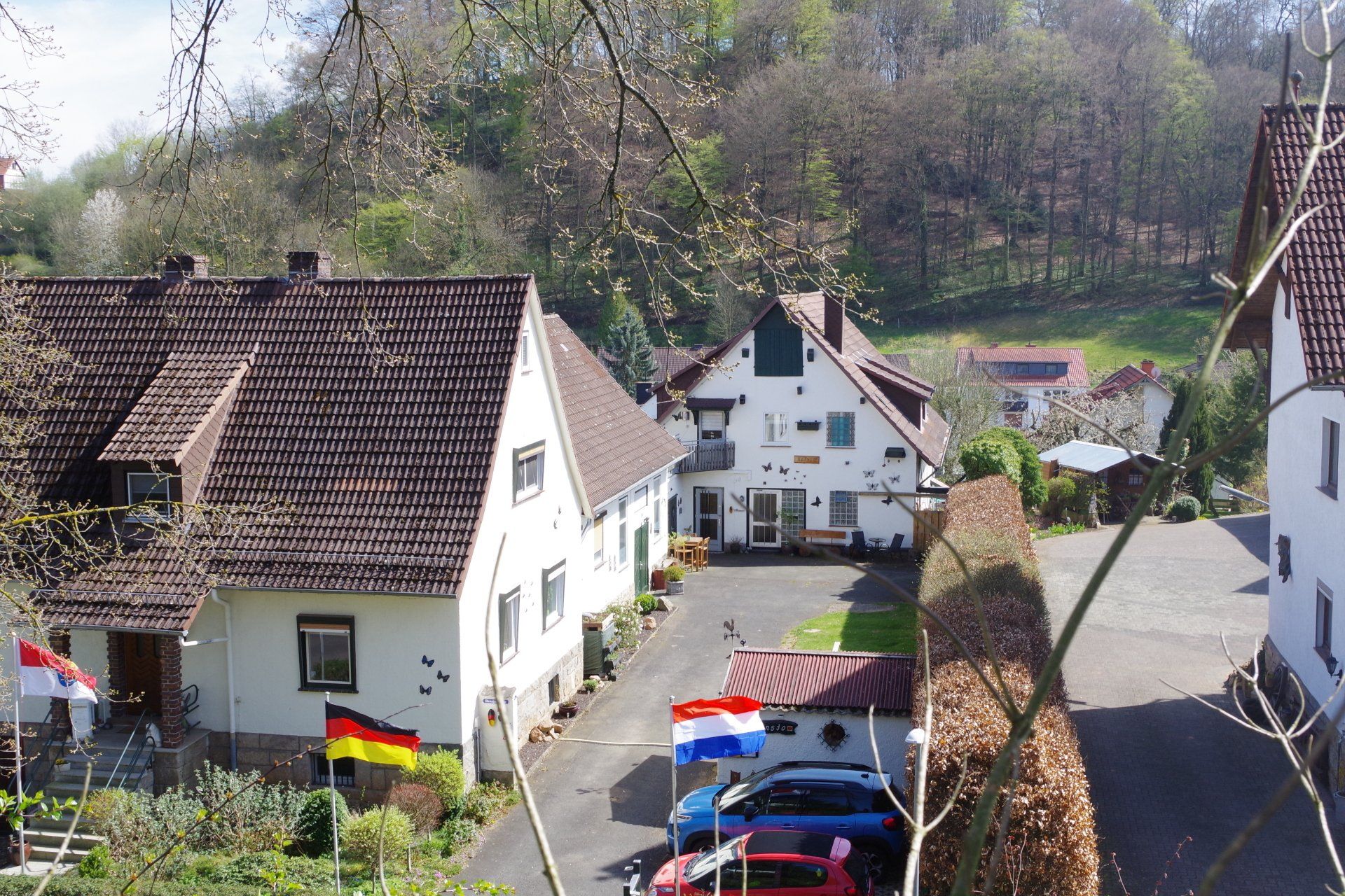 Besneeuwde gebouwen en een beboste heuvel onder een helderblauwe winterhemel.