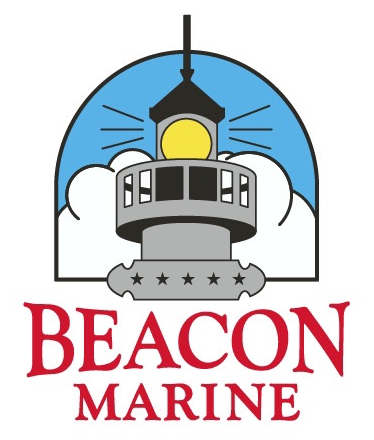 A logo for beacon marine with a lighthouse in the middle