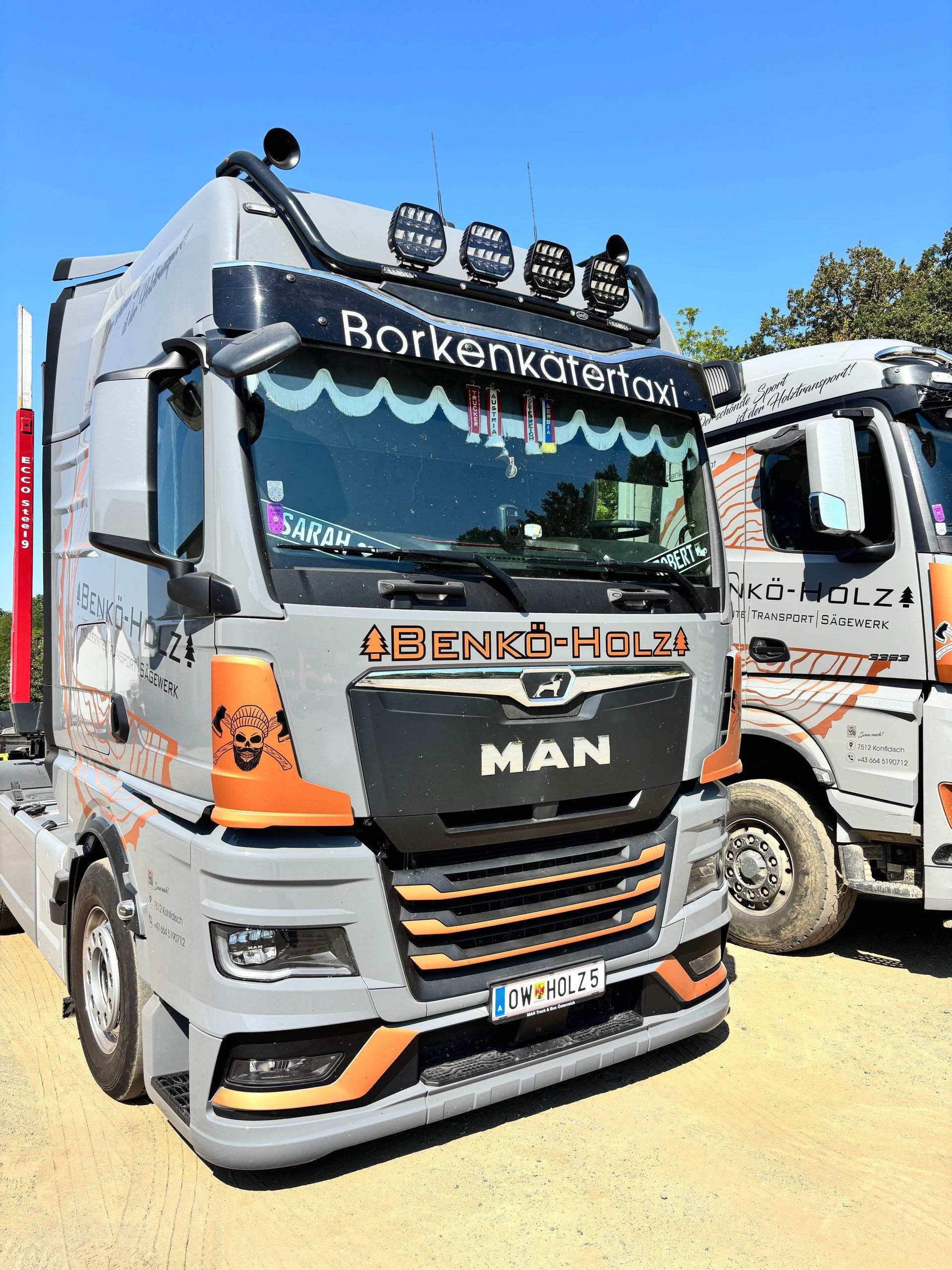 Grauer und orangefarbener MAN-Lkw mit individuellen Details, im Freien geparkt.