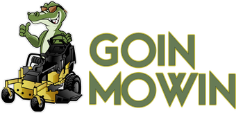 a logo for goin mowin with a crocodile on a lawn mower