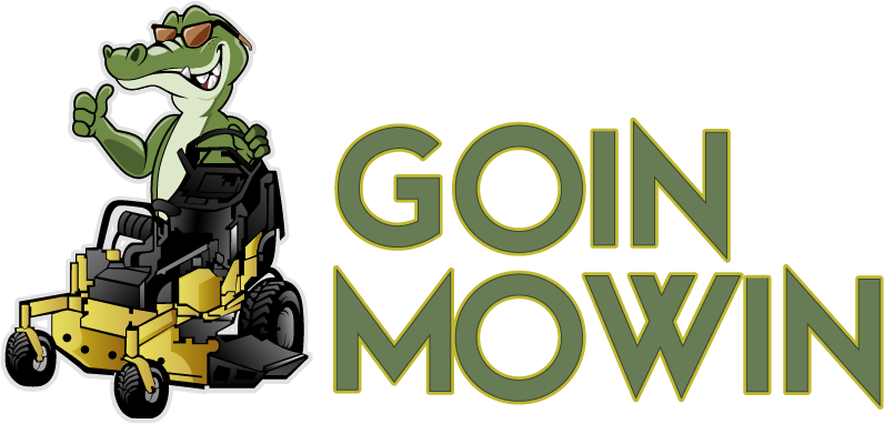 a logo for goin mowin with a crocodile on a lawn mower