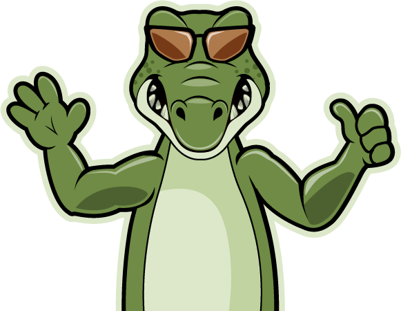 a cartoon alligator wearing sunglasses is waving and giving a thumbs up .