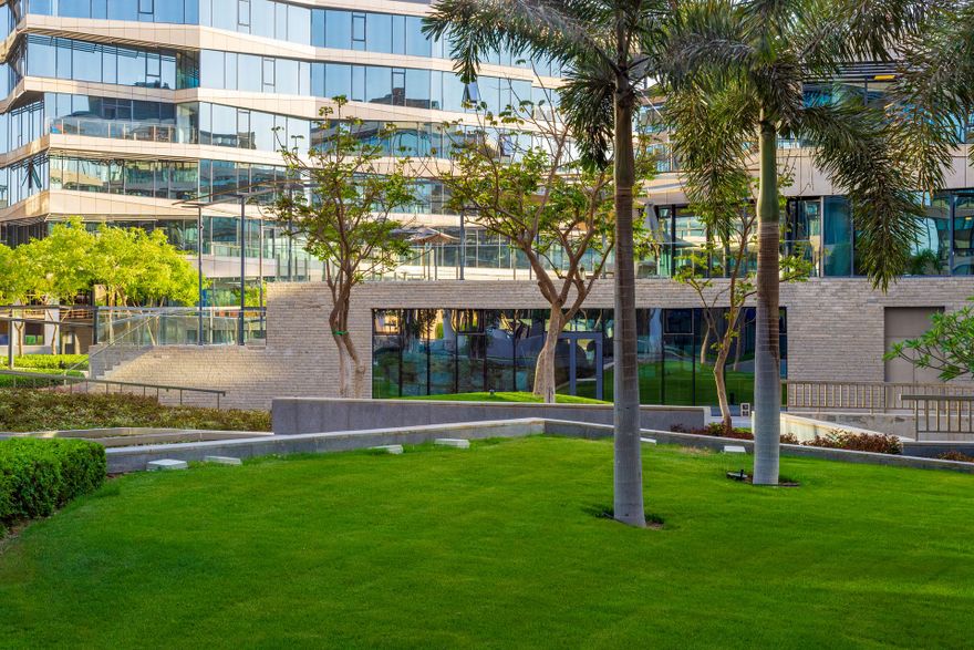 a lush green lawn in front of a tall building