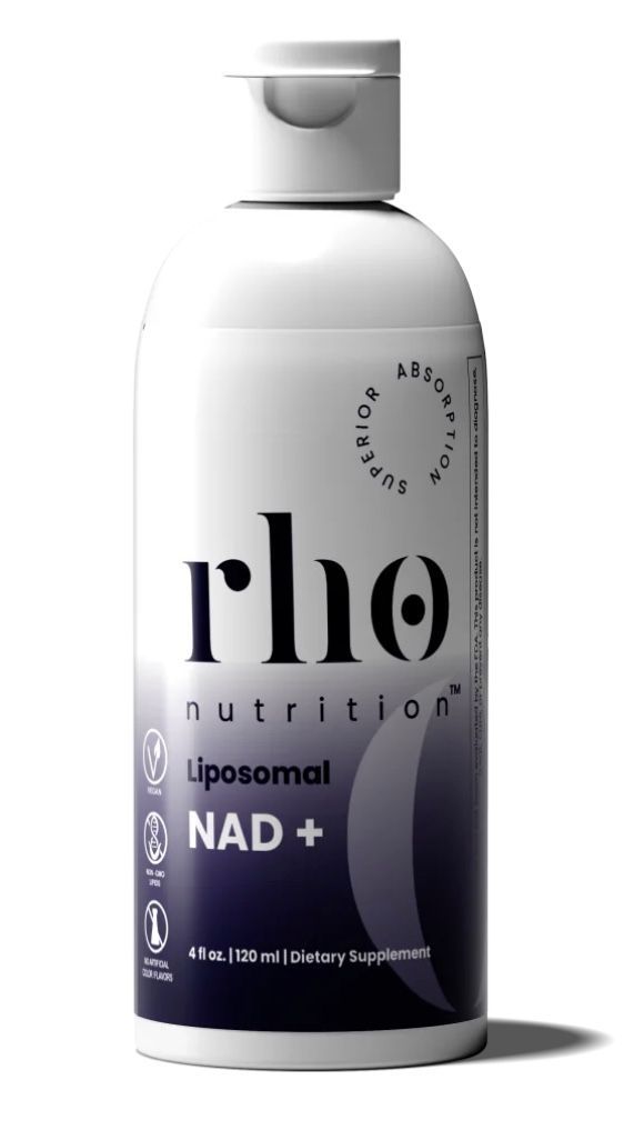 Bottle of Rho Nutrition Liposomal NAD+ supplement with a purple gradient.
