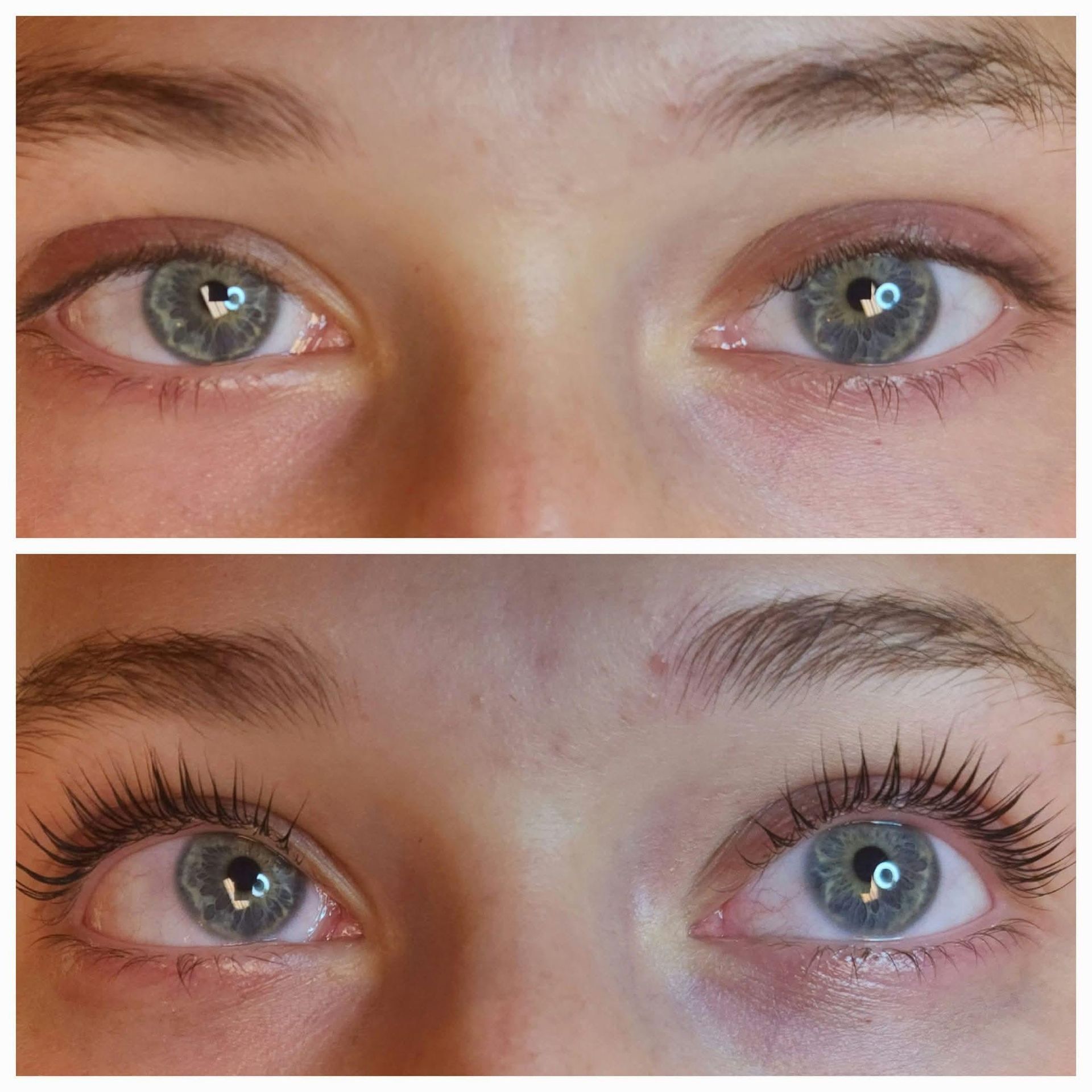 Top shows eyes before lash lift, bottom shows lifted lashes. Blue eyes, light skin.