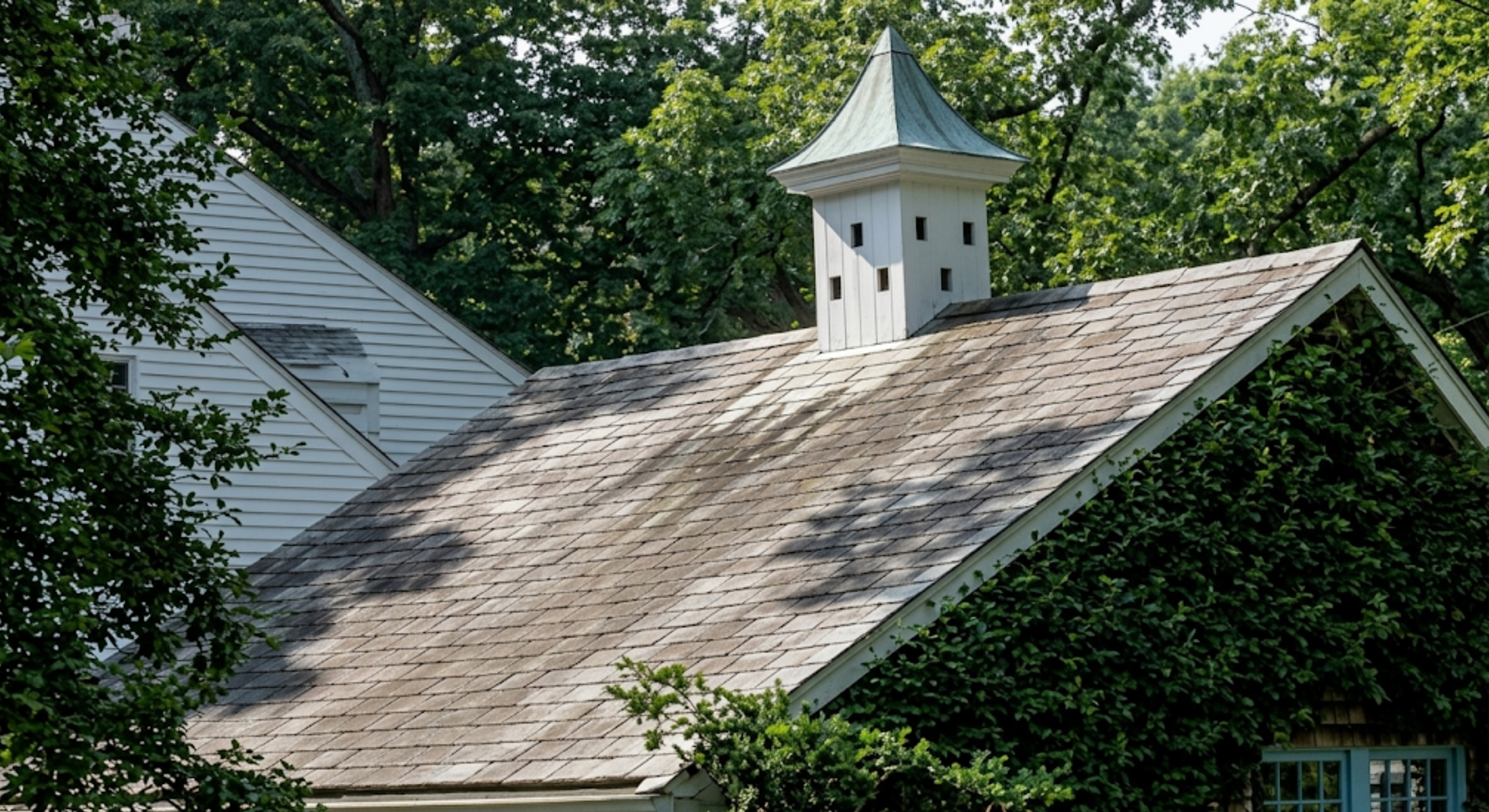 White cupola on a shingled roof surrounded by green trees