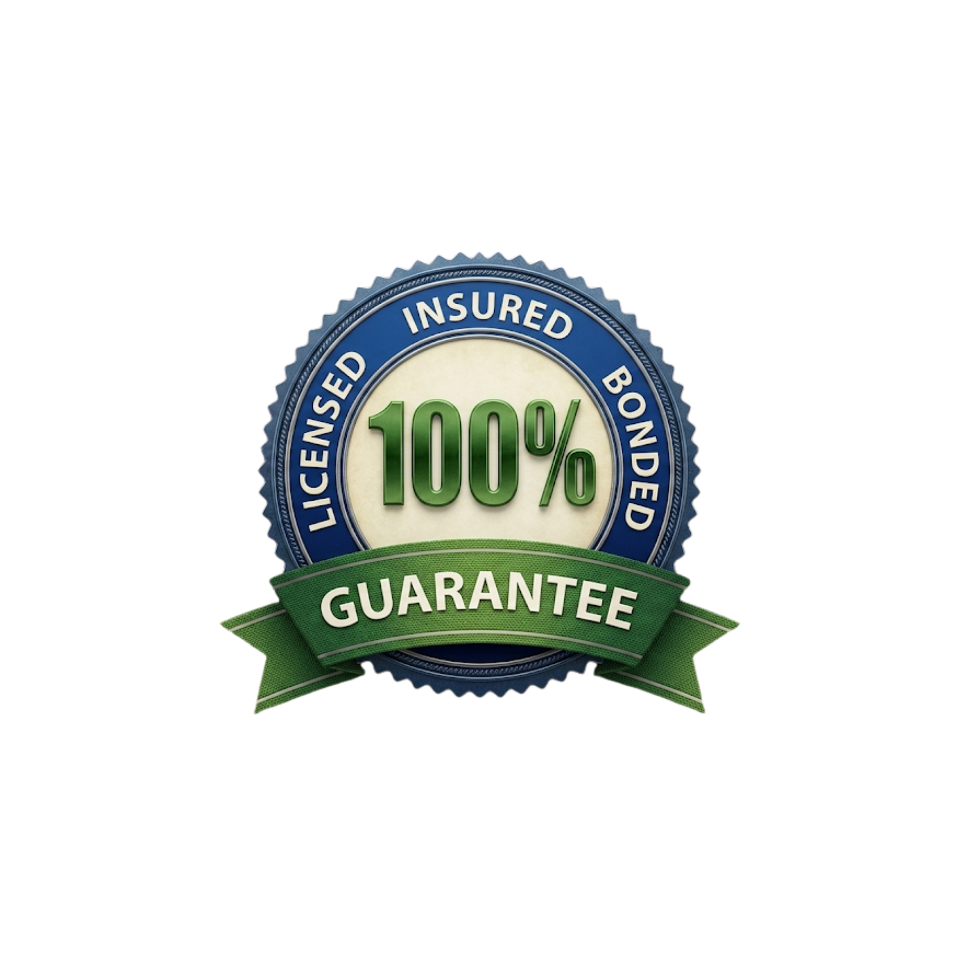 Blue and green 100% guarantee seal with “licensed, insured, bonded” ribbon