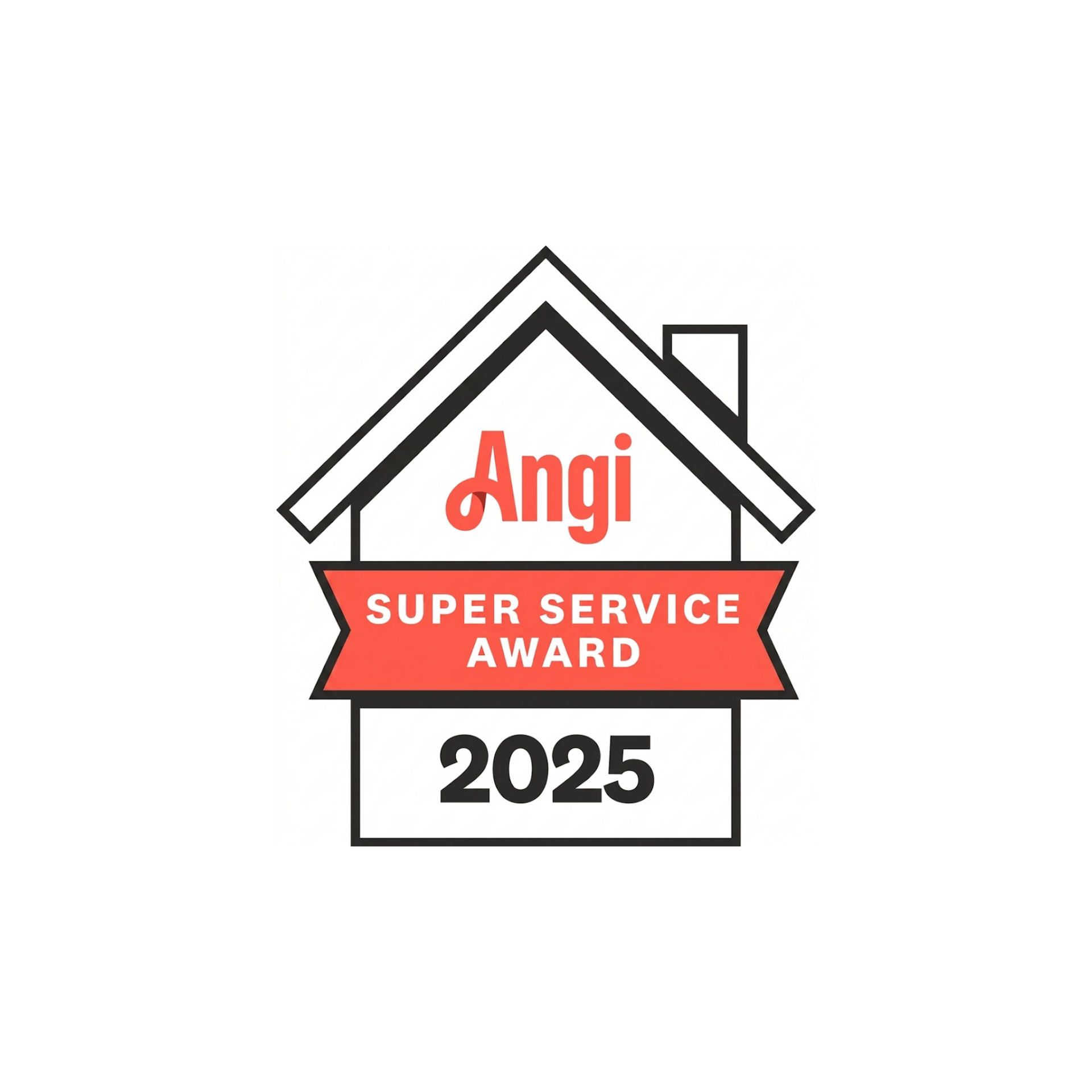 Angi Super Service Award house-shaped badge with red ribbon and 2025 text