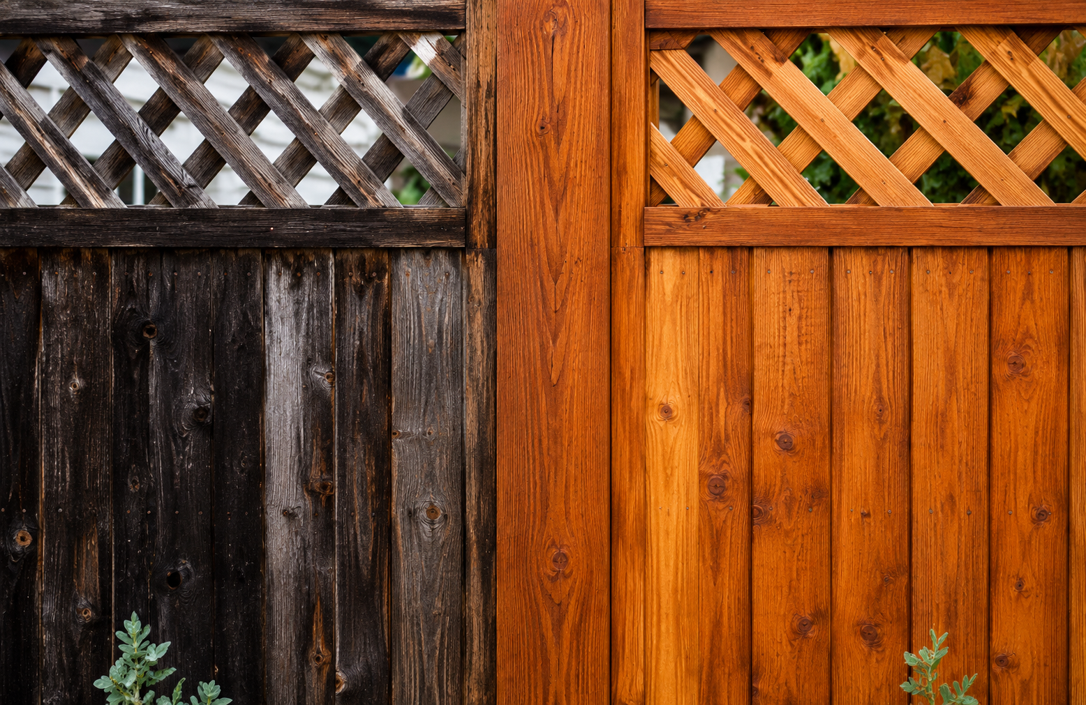 Dark and orange wooden fence panels with lattice tops side by side.