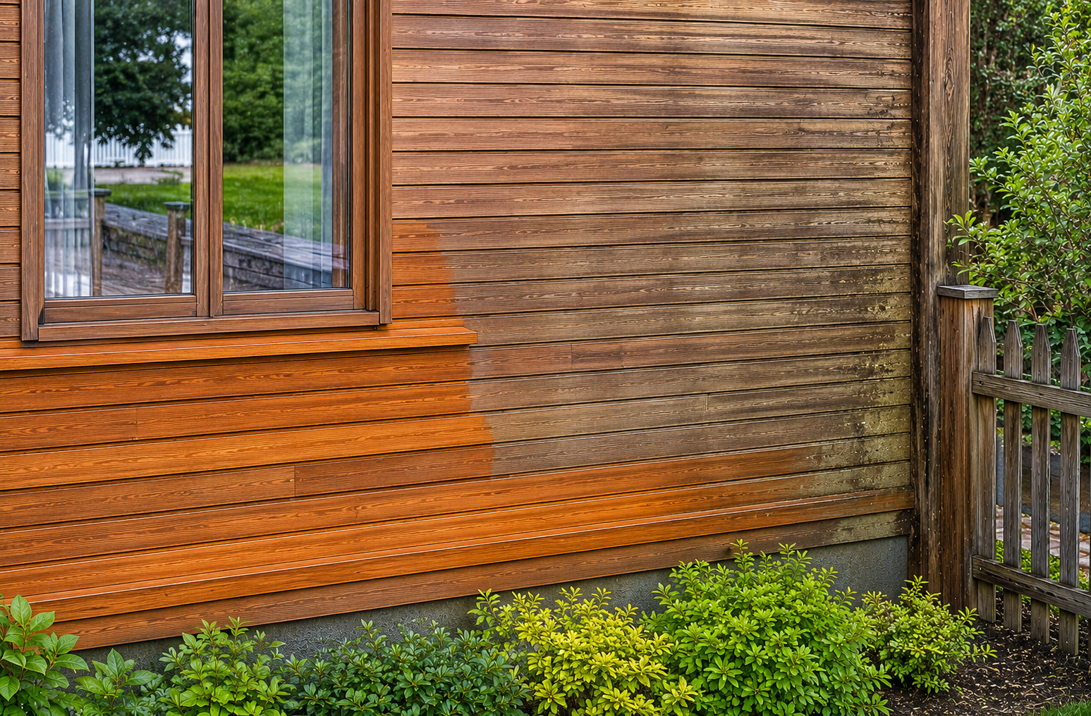Wooden house exterior with a window, orange siding, and green shrubs along the base