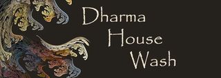 Decorative logo reading &ldquo;Dharma House Wash&rdquo; on a dark background with ornate dragon-like artwork