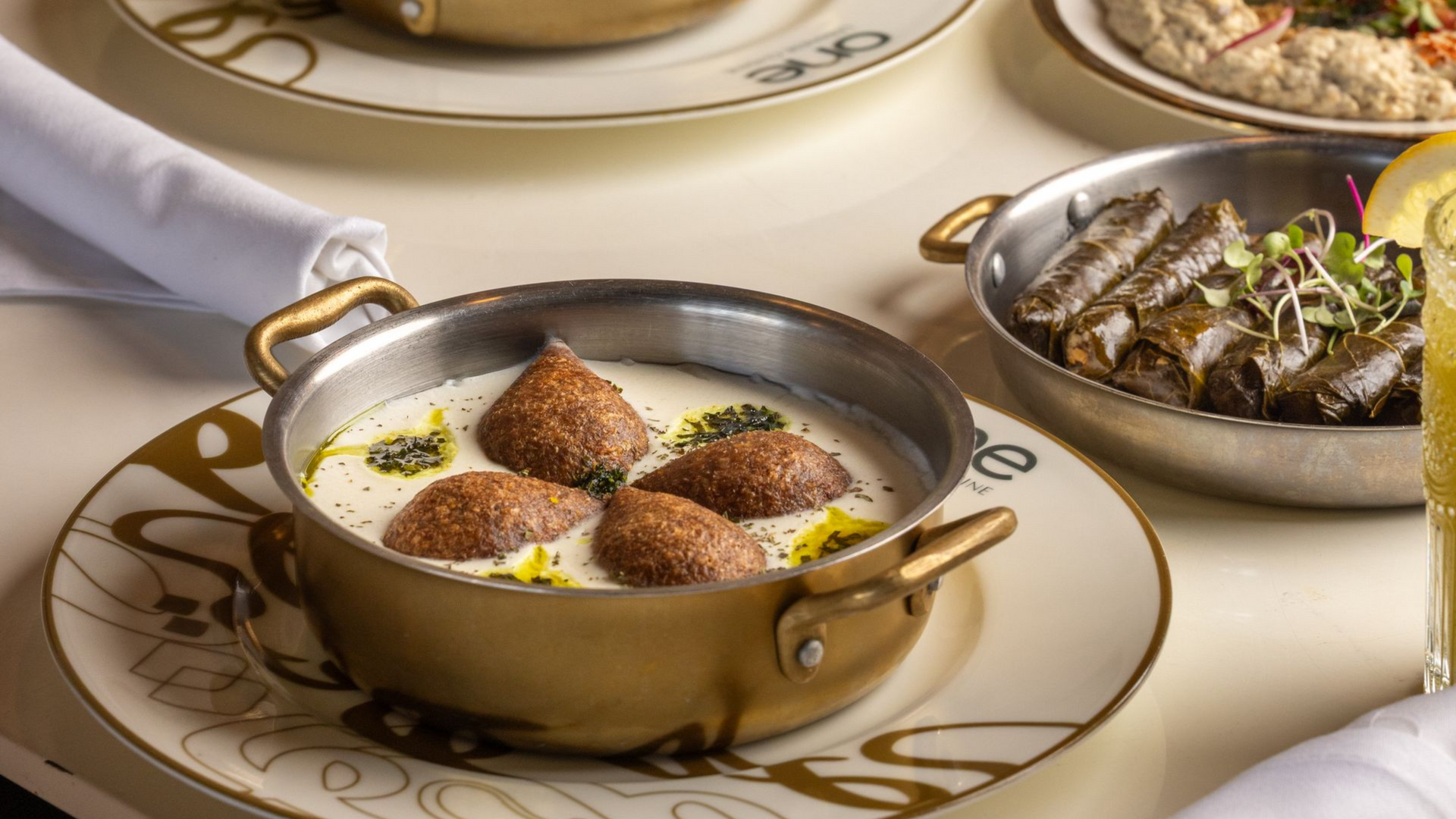 Middle Eastern dishes: Kibbeh in yogurt sauce, stuffed grape leaves.