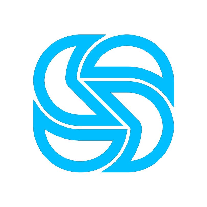 Light blue abstract logo within a square shape.