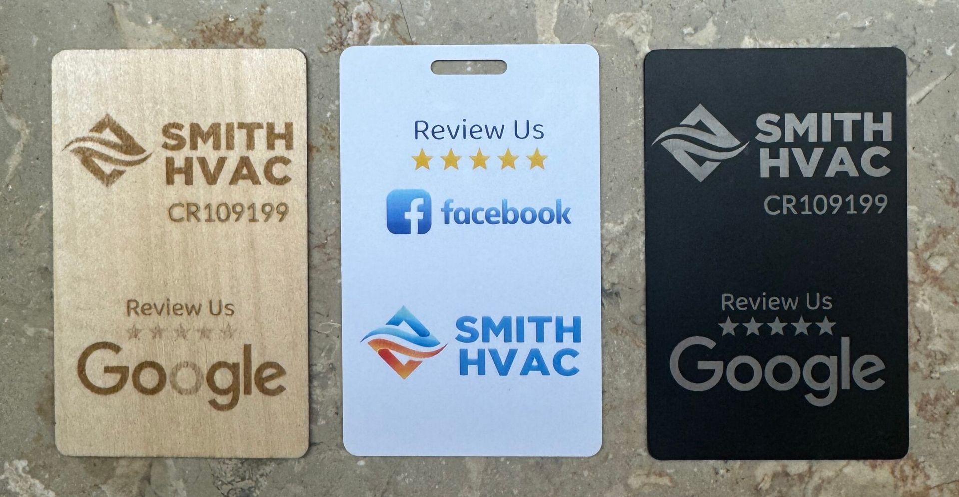 Three name tags for Smith HVAC with their logo and review information.