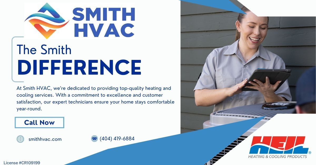 HVAC advertisement. Female technician smiles while holding a tablet. Smith HVAC logo and contact info on a blue background.