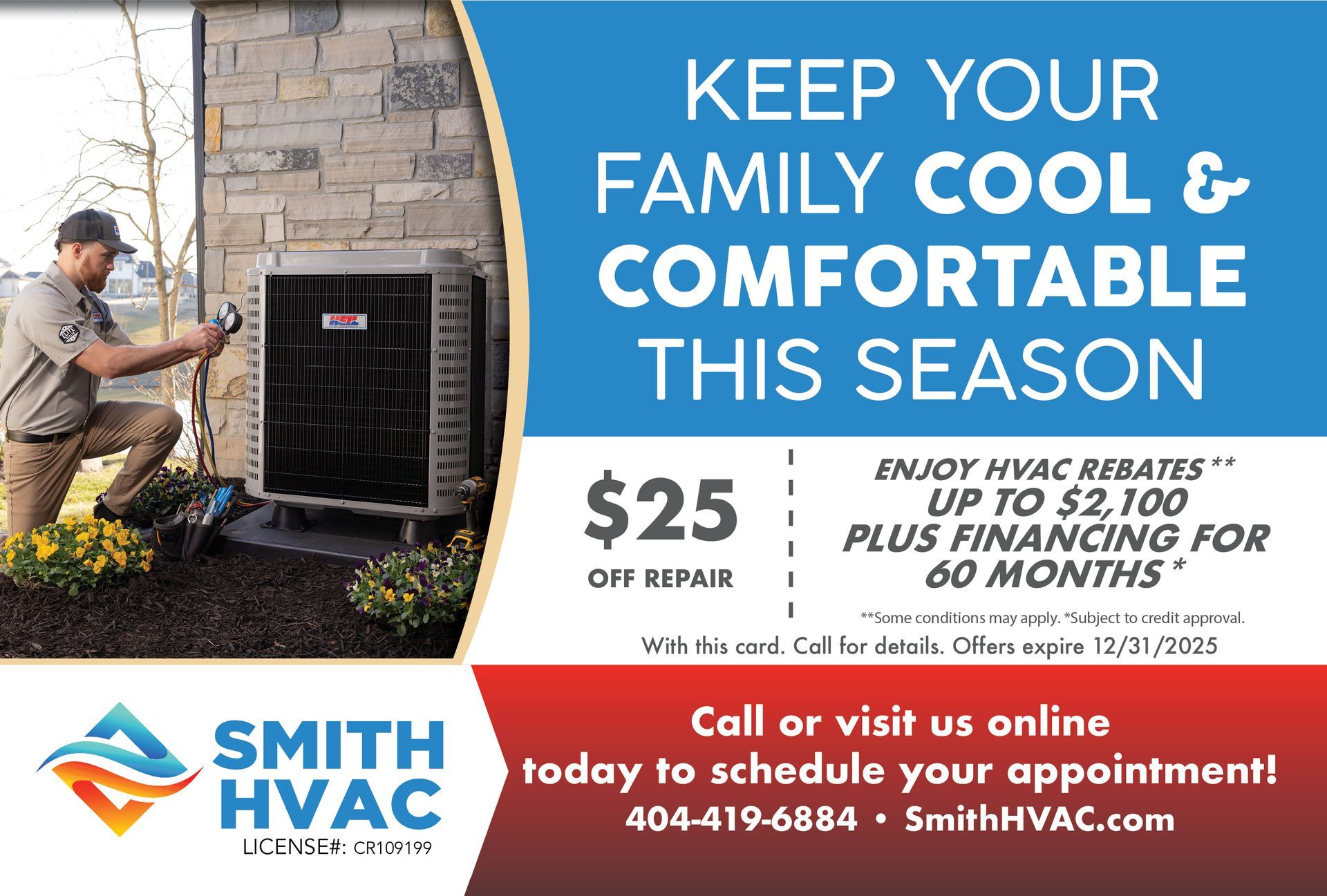 HVAC ad: Technician repairs AC unit. and financing. Text on blue, white, and red backgrounds.