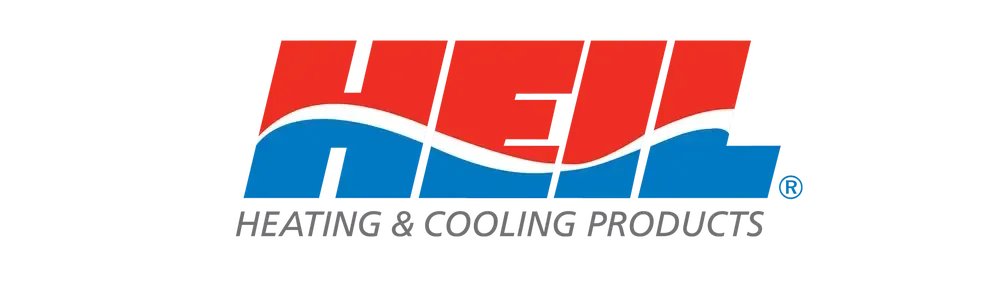 HEIL Heating & Cooling Products logo with red and blue lettering, a curved wave design, and the word 