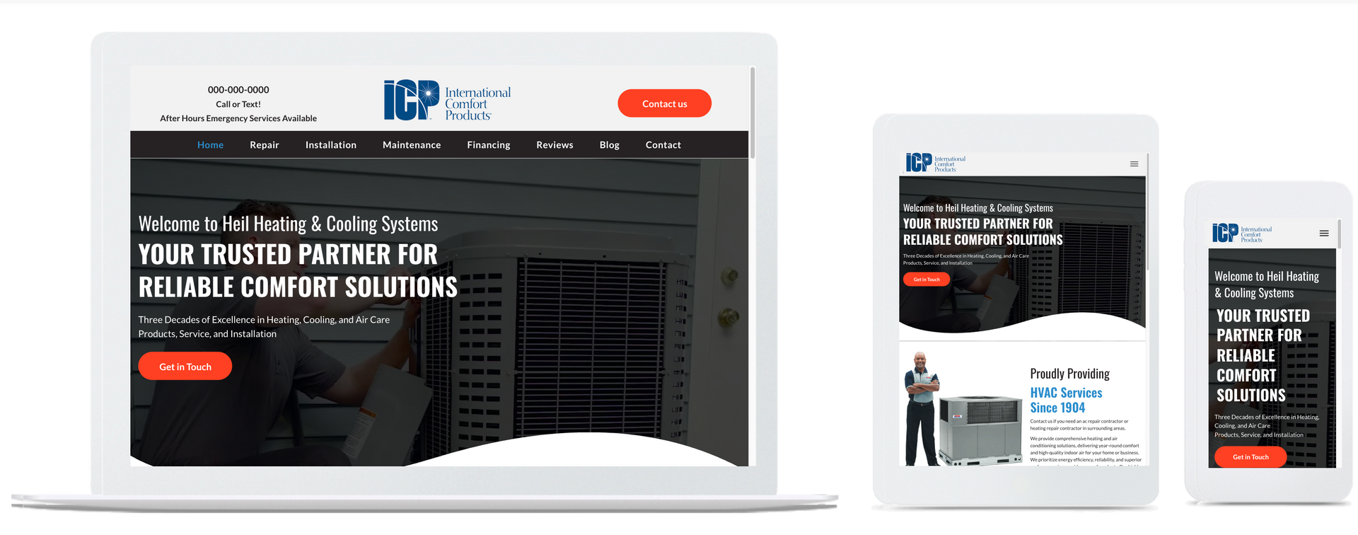 Website on laptop, tablet, and phone; ICP logo; black and red theme.