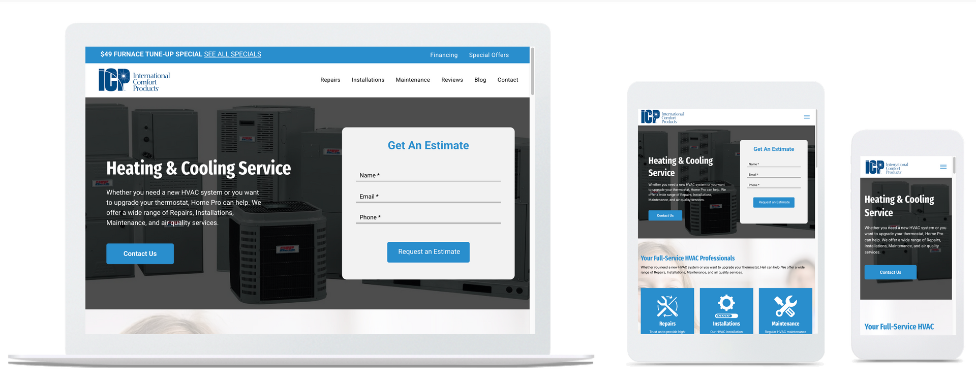 Website layout displayed on a laptop, tablet, and phone screen, featuring a company logo and a form.