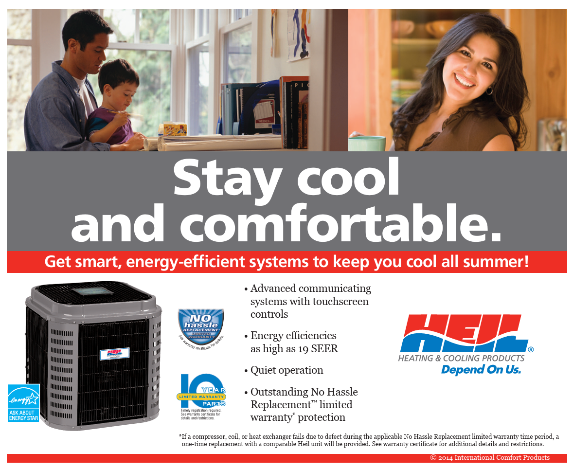 Advertisement for an air conditioning system. Family in home, product image, and text 