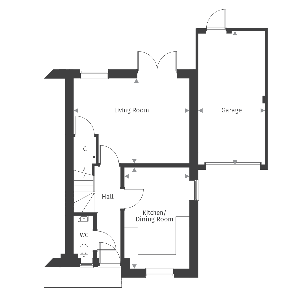 A black and white floor plan of a house with a garage.
