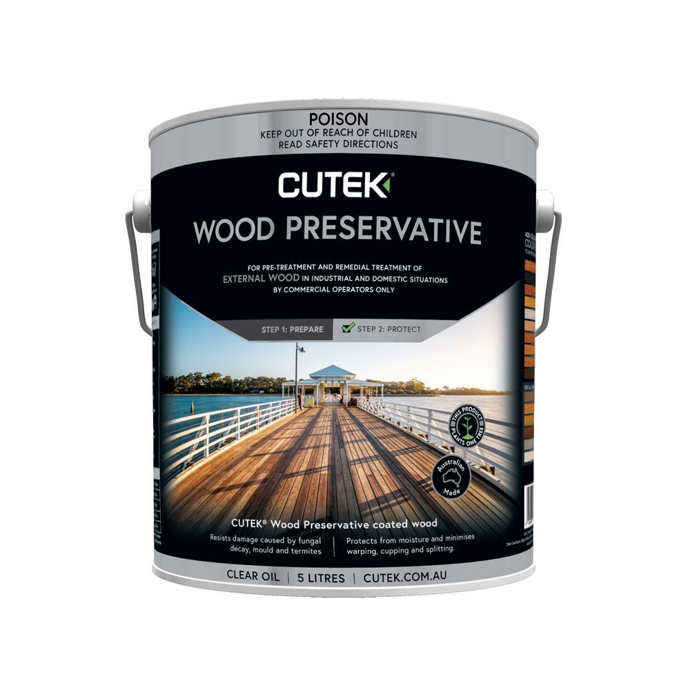 A can of cutek wood preservative with a picture of a pier on it.