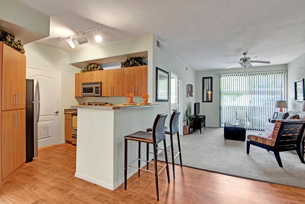 A kitchen and living room in a house with hardwood floors