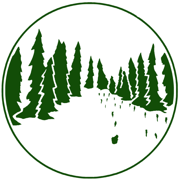 Green silhouette of a forest path lined with tall evergreen trees inside a green circle.