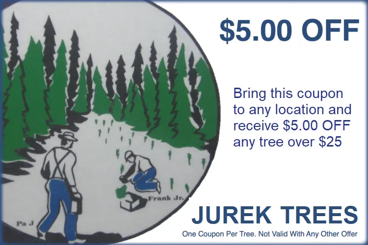Coupon for Jurek Trees: $5 off any tree over $25. Shows forest scene with workers planting trees.