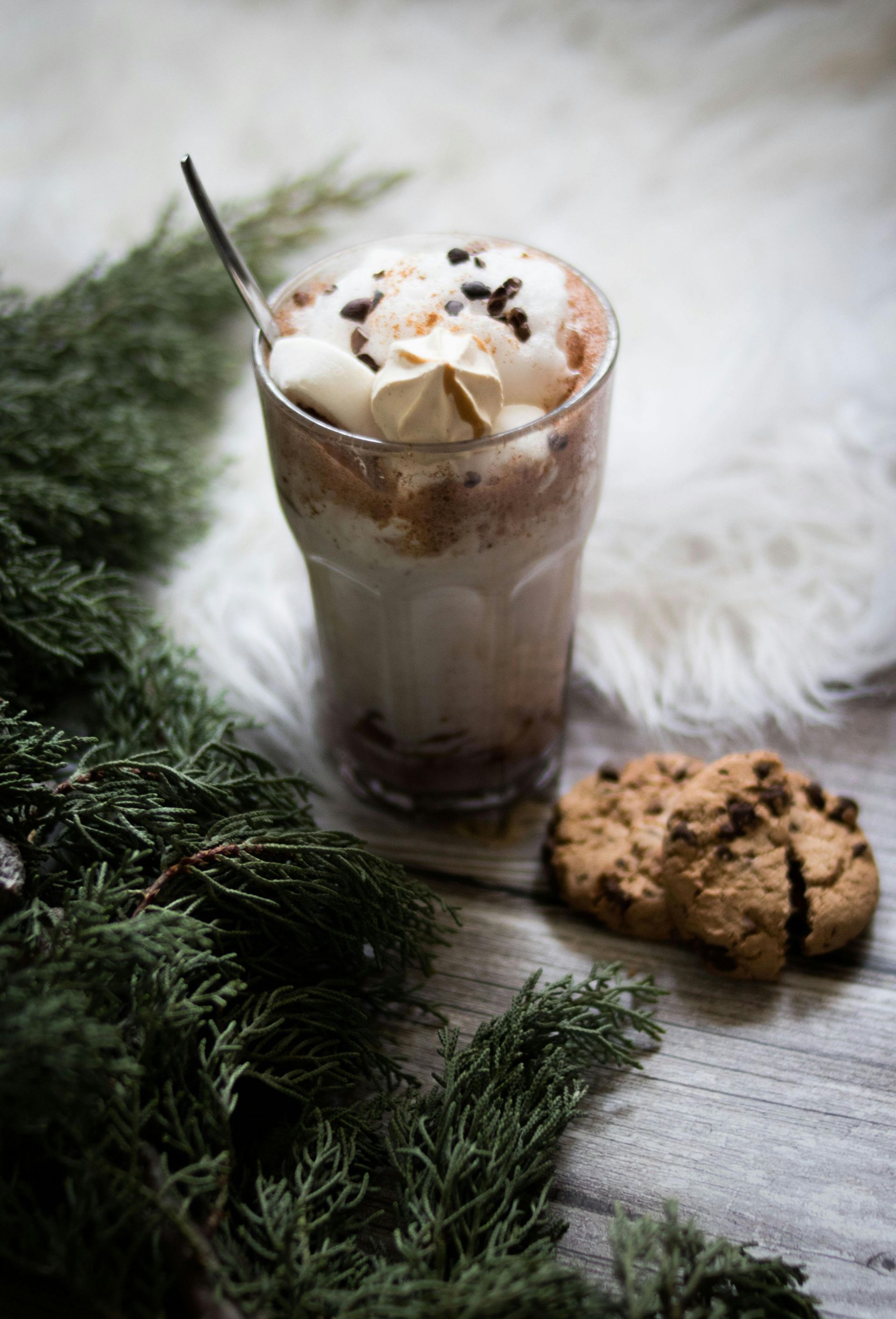 Chocolate drink with whipped cream, chocolate chips, cookie, and evergreen branch on a white fur and wooden surface.