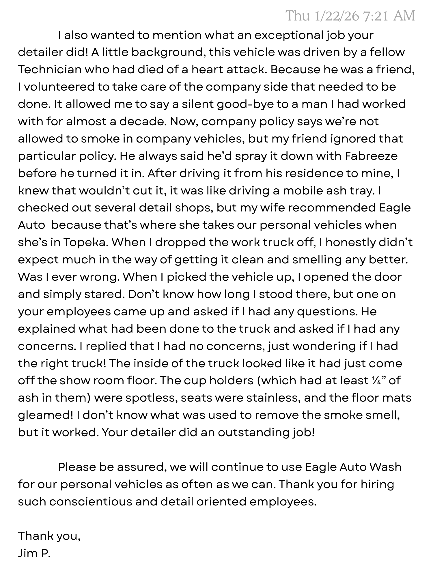 Customer Review — Topeka, Kansas — Eagle Auto Wash & Detailing Salon
