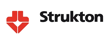 Een logo van het bedrijf Strukton met een rode pijl naar beneden.