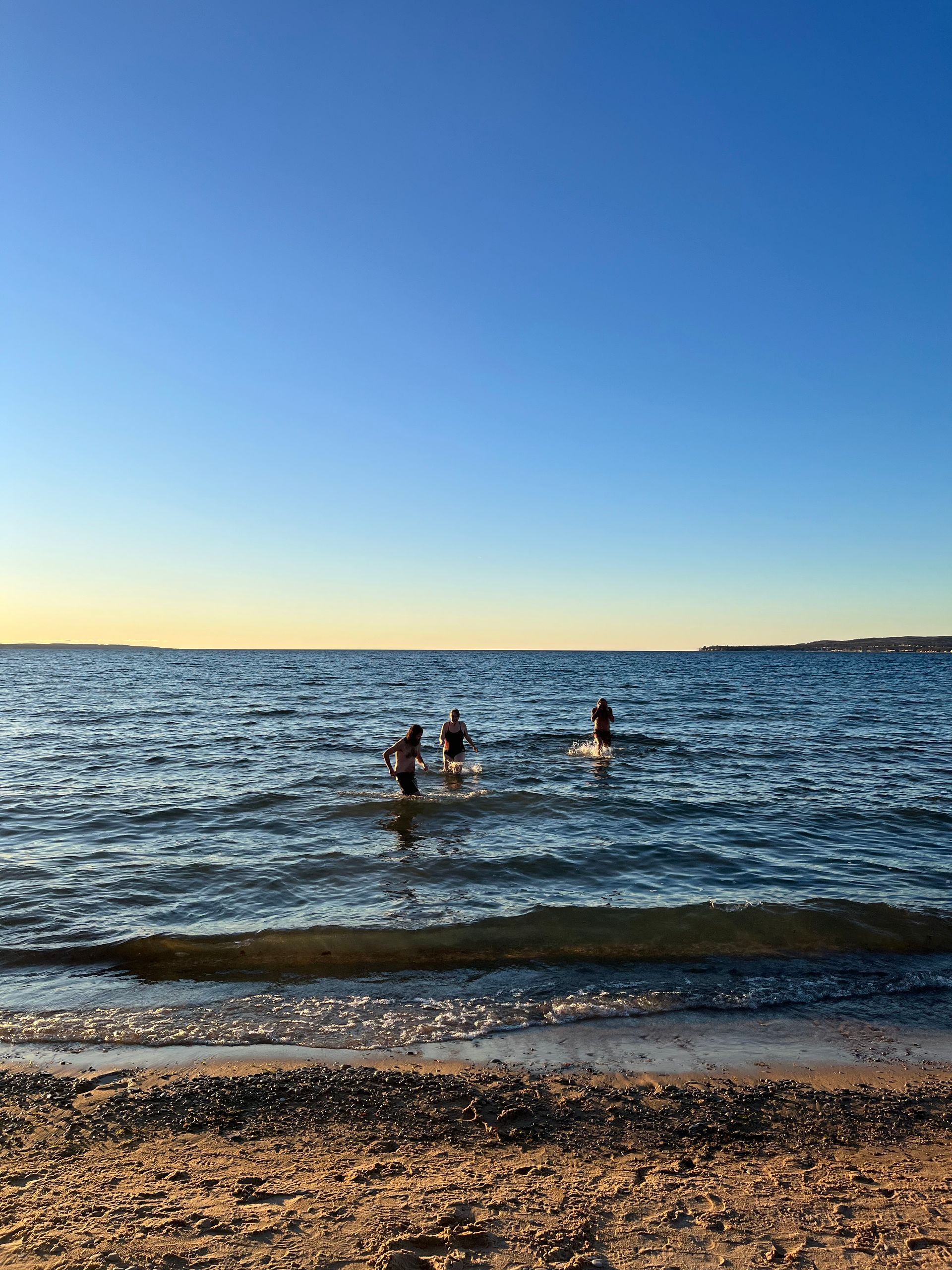 Two people are standing in the water on a beach.