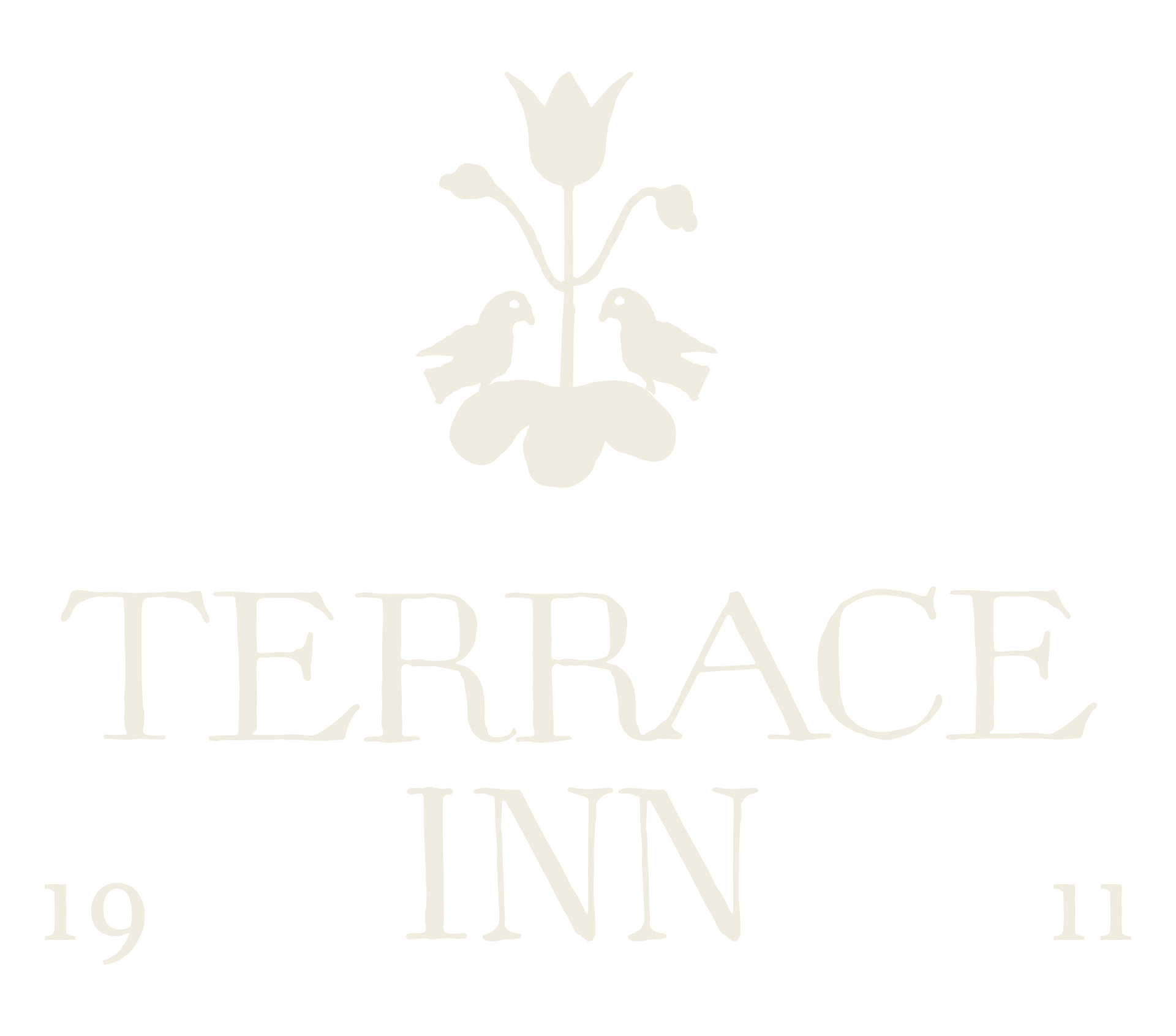 The terrace inn logo has a flower and two birds on it.