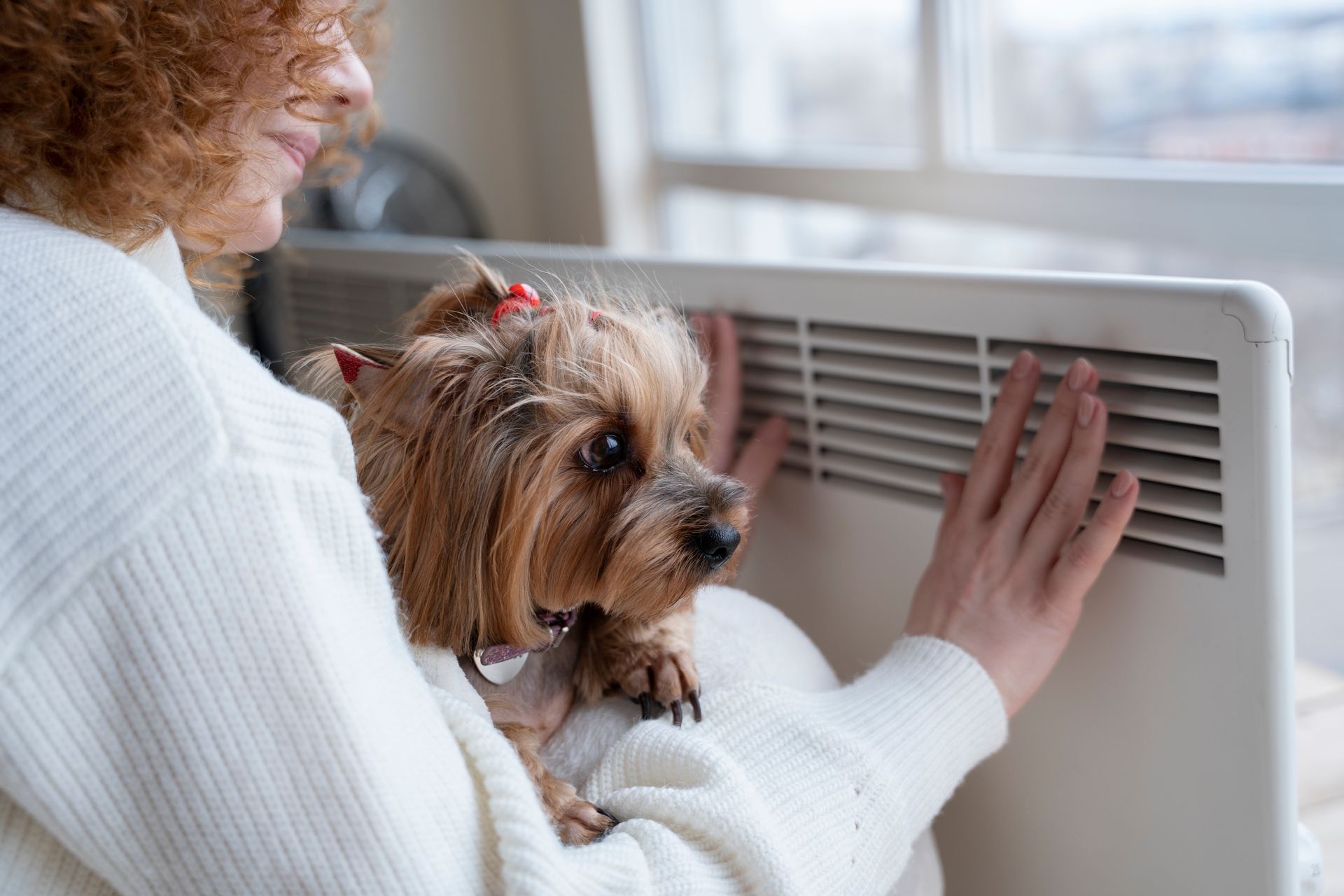 A woman is holding a small dog in her arms while adjusting a heater.