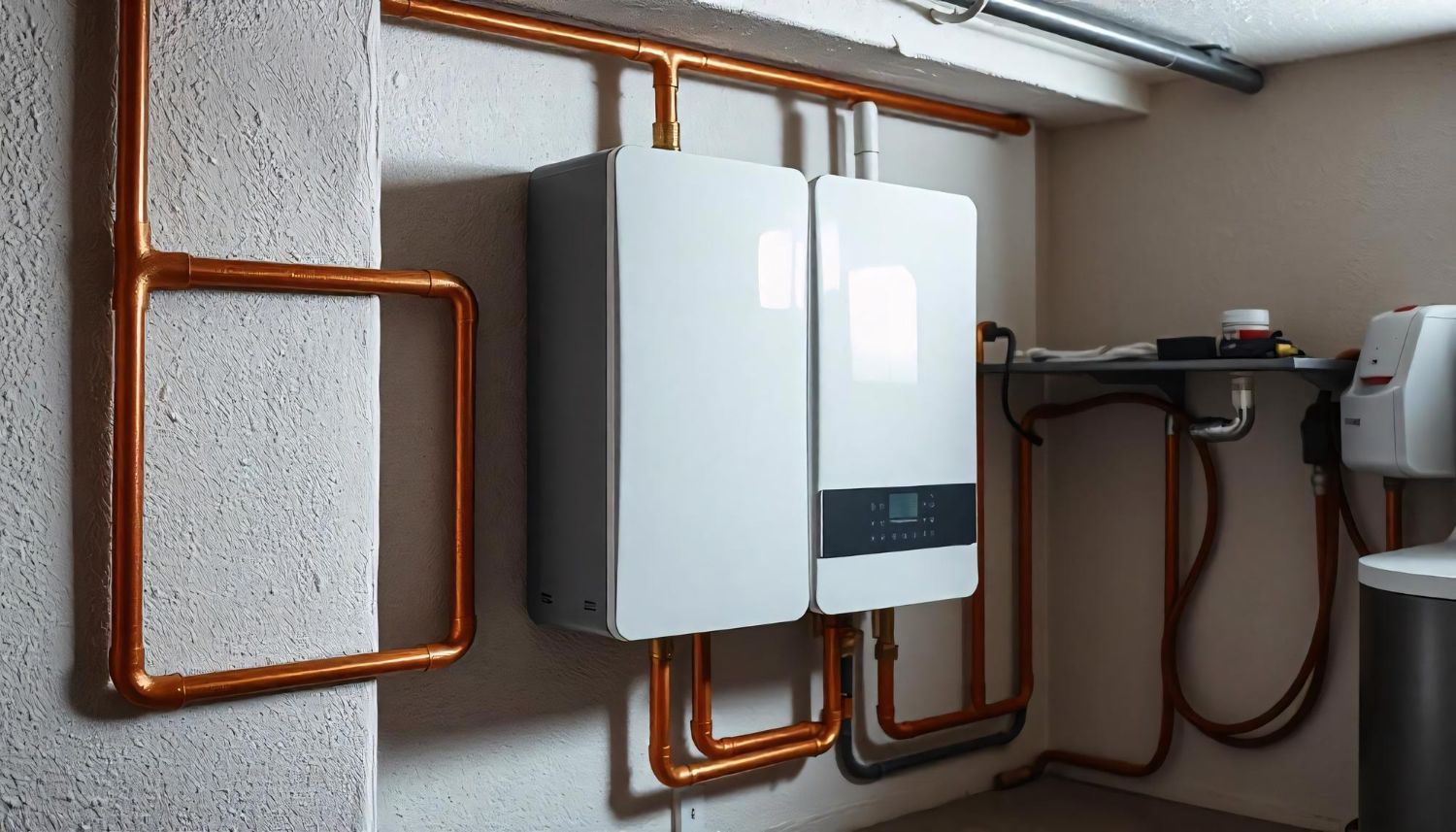 White heating units with copper pipes on a beige wall.