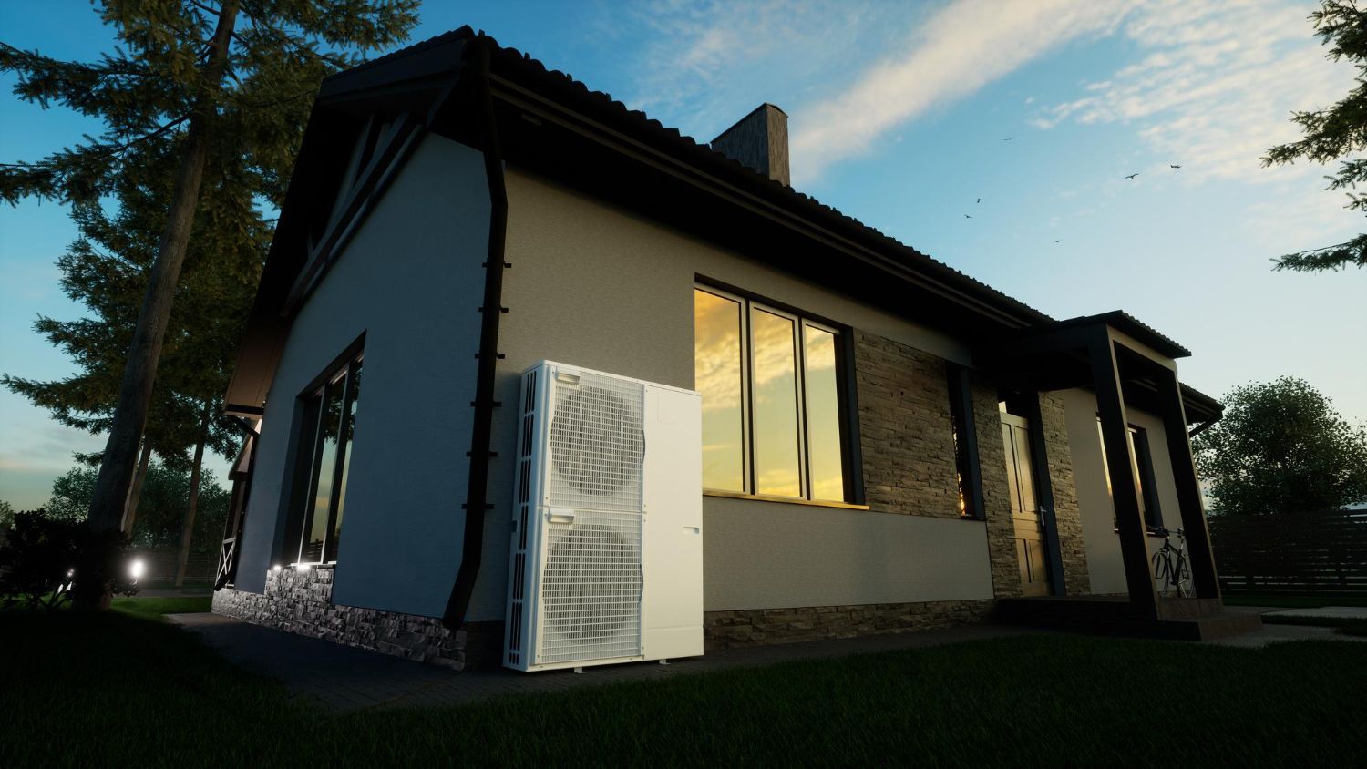A modern house with a large white air conditioner unit on the side, set against a blue sky.