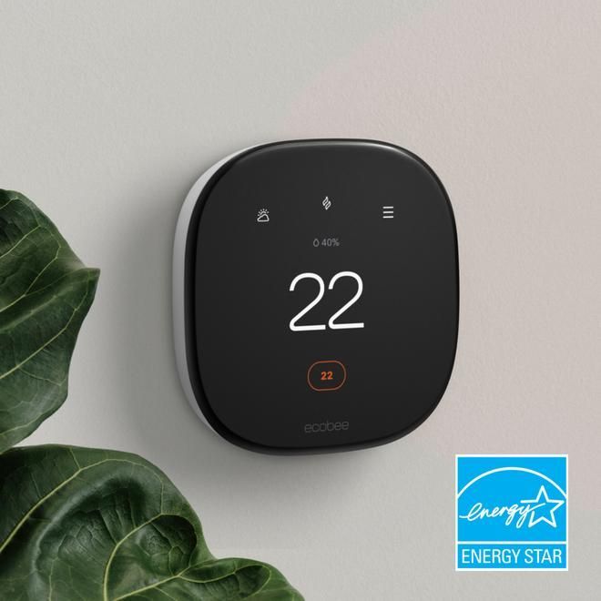 Black and white smart thermostat on a wall, showing the temperature 22 degrees. Green plant and Energy Star logo visible.