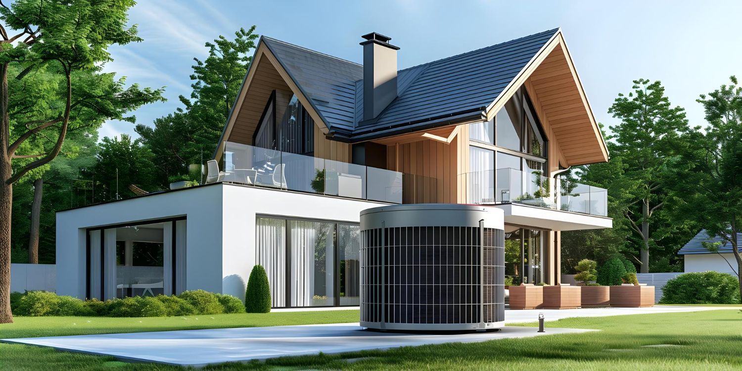 Modern house with air conditioning unit in front yard.