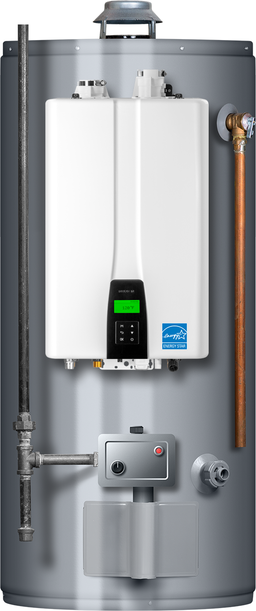 Water heater with digital display, copper pipe, and various valves.