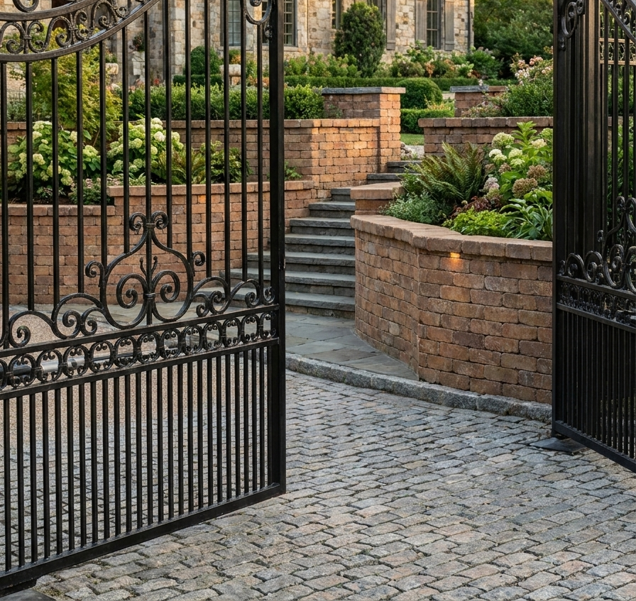 Open wrought-iron gate leading to a cobblestone courtyard with brick steps and landscaped walls