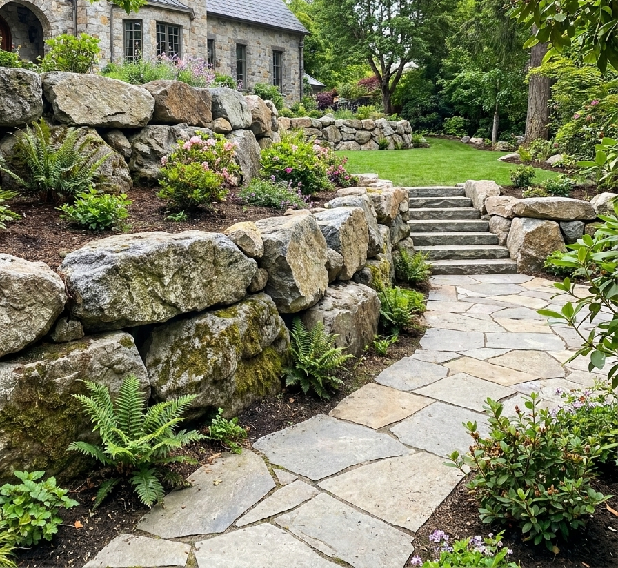 Stone garden path with steps beside a stone house, bordered by large rocks and greenery