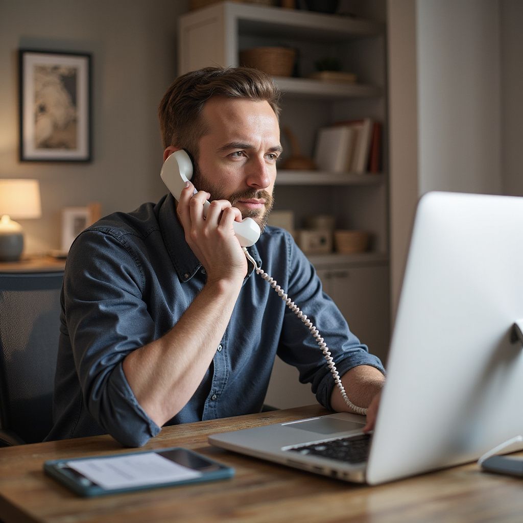 Man in blue shirt on a landline phone, looking at a laptop at a wooden desk in a home office.