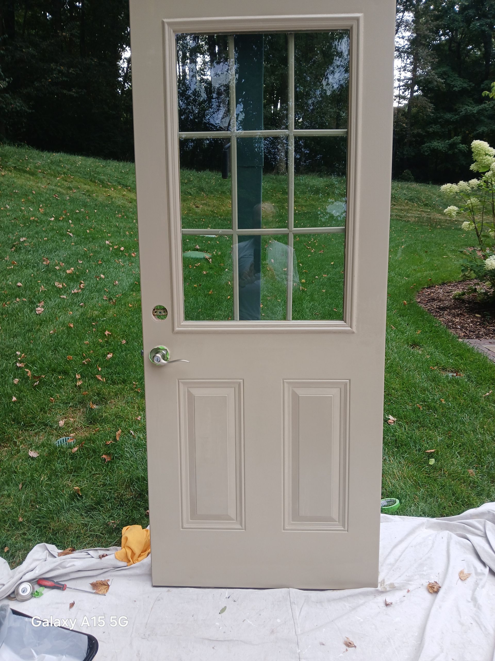 Tan exterior door with glass panes propped on a white sheet in a grassy yard, with a tree trunk visible behind it.